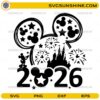 Disney Mouse 2026 SVG with castle silhouette, mouse-ear outline, and fireworks