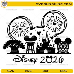 Disney Parks 2026 SVG with mouse-ear outline, castle silhouette, and fireworks