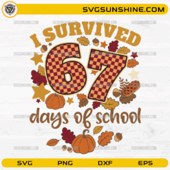 I Survived 67 Days of School SVG with pumpkins, leaves, and checkered numbers