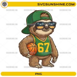 Basketball sloth wearing jersey number 67 holding a basketball PNG