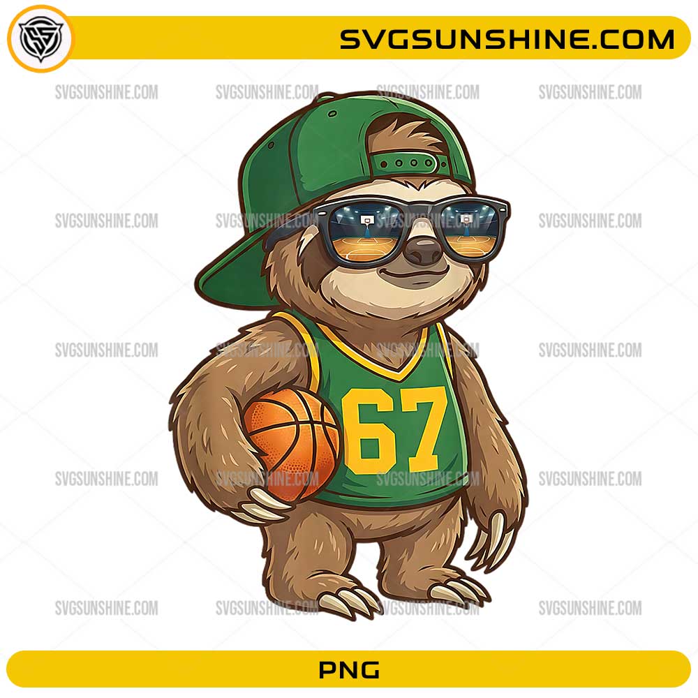 Basketball sloth wearing jersey number 67 holding a basketball PNG
