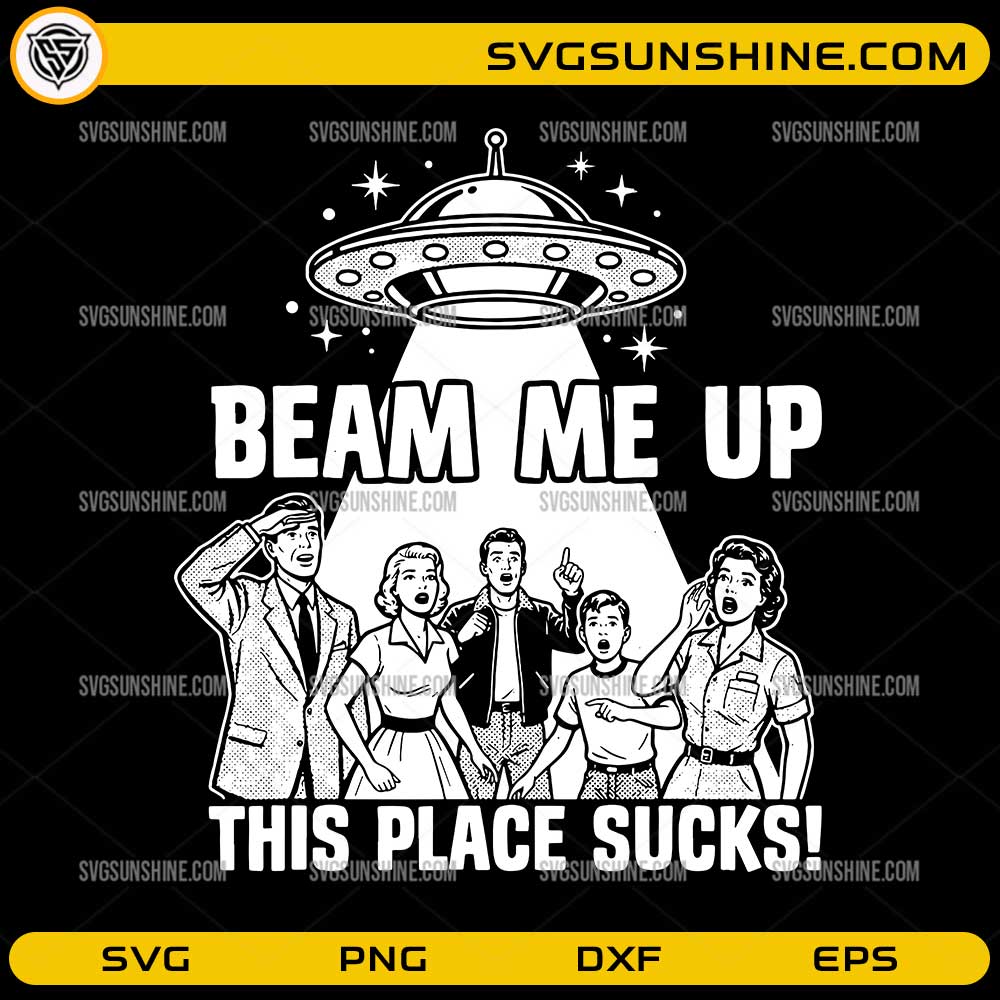Funny UFO Beam Me Up SVG PNG retro alien abduction black-and-white design