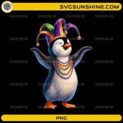 Mardi Gras Penguin PNG with jester hat and carnival beads