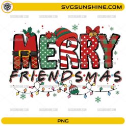 Merry Friendsmas PNG cute Christmas lettering design with lights and patterns