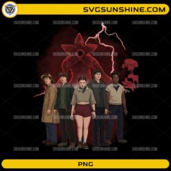 Stranger Things Season 5 PNG with Eleven Mike Will Dustin Lucas and Demogorgon design