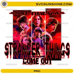 What Time Does Stranger Things Come Out PNG red poster with main cast