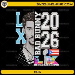 Bad Bunny Super Bowl 2026 PNG design with Puerto Rico flag and trophy