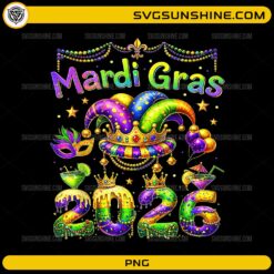 Mardi Gras 2026 PNG colorful carnival jester hat design