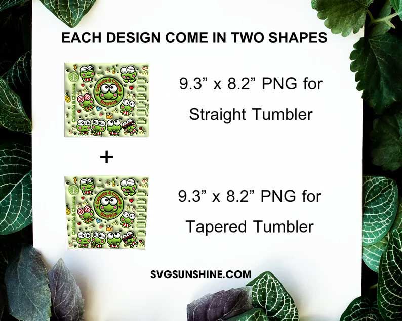 Cute 3D Keroppi Frog 20oz skinny tumbler PNG size guide for straight and tapered tumblers