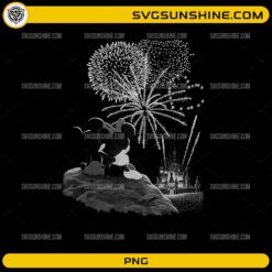 Mickey Minnie Mouse couple watching fireworks over castle silhouette PNG design
