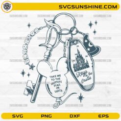 Take Me To The Happiest Place On Earth SVG castle keychain design with magic hat and stars