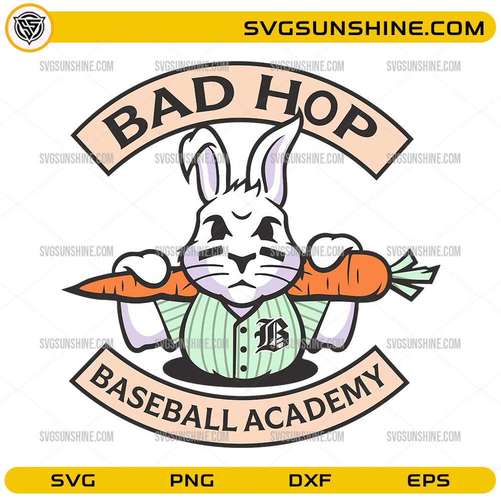 Bad Hop Baseball Academy bunny holding carrot baseball bat SVG design