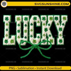 Chenille Lucky St Patrick's Day PNG with realistic 3D varsity patch texture and embroidered shamrocks
