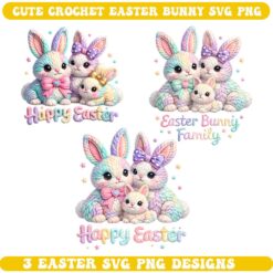 Cute Crochet Easter Bunny Family SVG with realistic amigurumi yarn texture and pastel colors