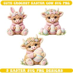 3 Cute Crochet Easter Cow SVG PNG - Highland Cow Amigurumi