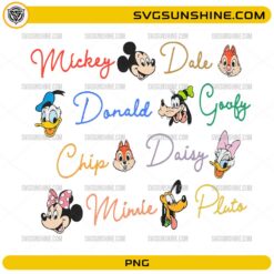 Disney Characters Names PNG colorful cartoon typography design with Mickey and friends
