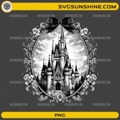 Fairy Tale Castle PNG with vintage floral frame and bow
