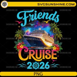 Friends Cruise 2026 PNG tropical cruise ship design with palm trees and flowers