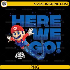 Here We Go Mario PNG flying pose with galaxy swirl and bold text design