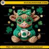 Knitted Highland Cow St Patrick's Day PNG with realistic 3D wool texture and shamrock glasses