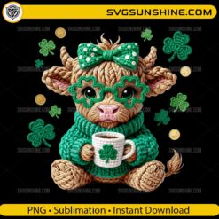 Knitted Highland Cow St Patrick's Day PNG with realistic 3D wool texture and shamrock glasses