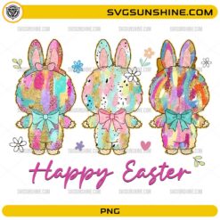 Labubu Happy Easter PNG colorful bunny characters with bows and spring flowers