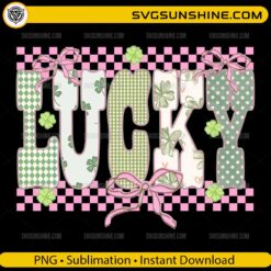 Lucky Patchwork St Patrick's Day PNG with mixed gingham clover patterns and pink ribbons