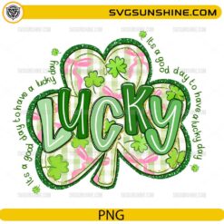 Lucky St Patrick's Day PNG with gingham shamrock pink coquette bows and green glitter border
