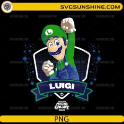 Luigi PNG The Super Mario Galaxy Movie character design with bold banner and dynamic pose