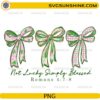 Not Lucky Simply Blessed PNG with green and pink St Patrick’s Day bows and Romans 4:7-8 Christian design