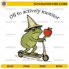 Funny frog SVG wearing wizard hat riding scooter holding apple