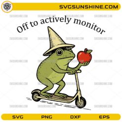 Funny frog SVG wearing wizard hat riding scooter holding apple