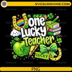 One Lucky Teacher PNG St Patricks Day teacher design with shamrocks and school elements