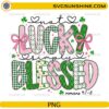 Patchwork Not Lucky Simply Blessed PNG Christian St Patrick’s Day design with shamrocks bows and patterned letters