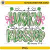 Simply Blessed Not Lucky PNG Christian St Patrick’s Day design with green lettering shamrocks and pink bows