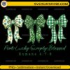 St Patrick's Day Coquette Bow PNG with leopard clover plaid patterns and Romans 4:7-8 verse