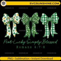 St Patrick's Day Coquette Bow PNG with leopard clover plaid patterns and Romans 4:7-8 verse