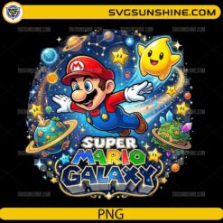 Super Mario Galaxy PNG cute Mario flying in space with stars and planets