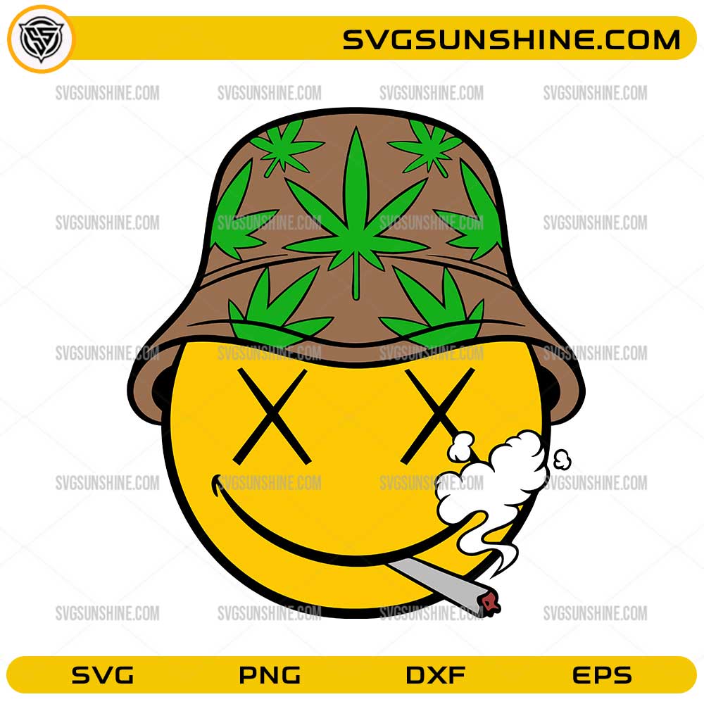 smiley face smoking joint wearing weed leaf bucket hat svg