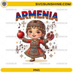 Cute Armenia girl PNG wearing traditional dress holding pomegranates