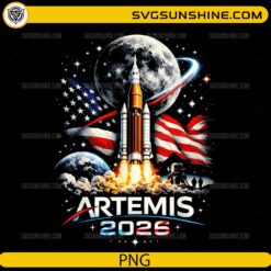 Artemis 2026 rocket launch with American flag and Moon PNG design