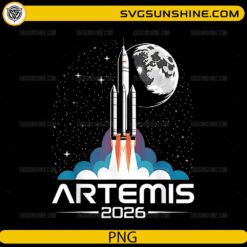 Artemis 2026 rocket launch PNG with moon and starry sky