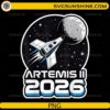 Artemis II 2026 mission badge rocket flying to the Moon PNG