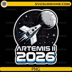 Artemis II 2026 mission badge rocket flying to the Moon PNG