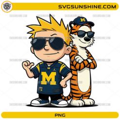 Calvin and Hobbes cartoon wearing Michigan Wolverines jersey PNG