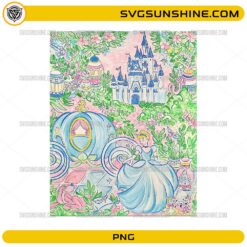 Cinderella castle seamless pattern PNG with princess carriage and floral elements