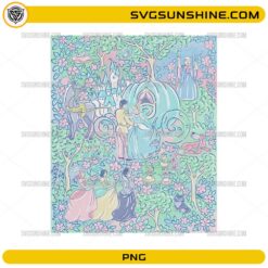 Cinderella seamless pattern PNG with princess, prince, carriage, and floral elements