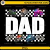 dad monster truck racing design with checkered flags and colorful trucks