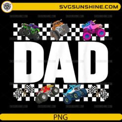 dad monster truck racing design with checkered flags and colorful trucks