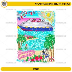 Disney cruise PNG with ship, beach, palm trees, and tropical elements